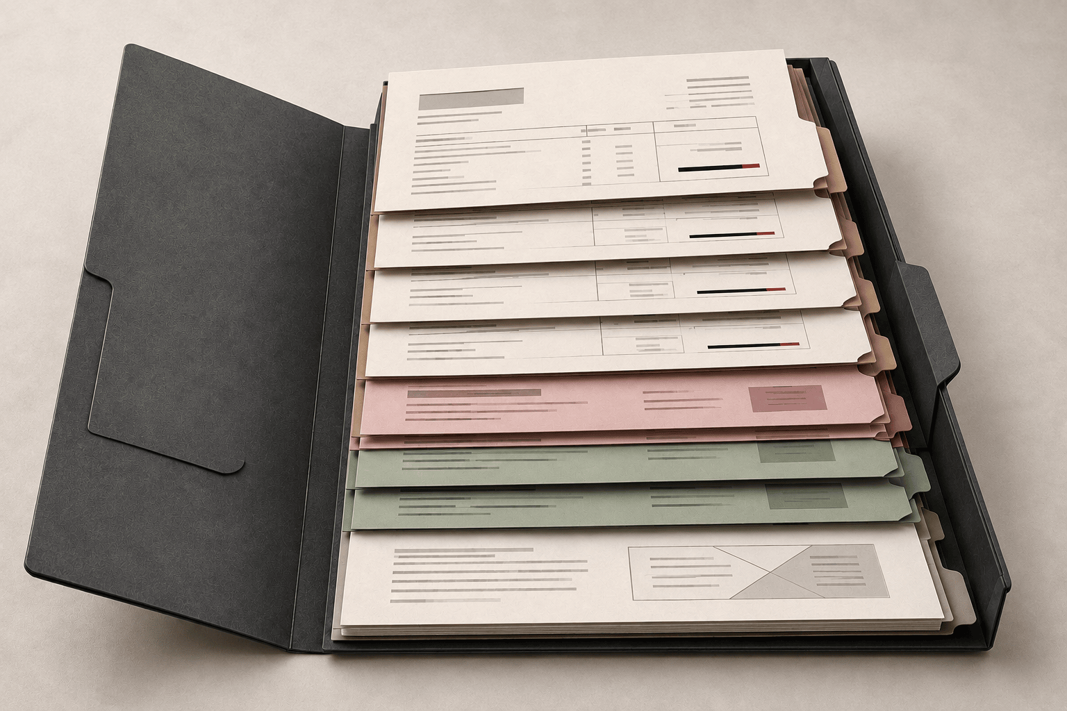Carpeta de expedientes abierta con facturas y documentos ordenados por pestañas para reconstruir los antecedentes de un proveedor.